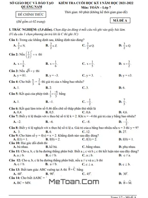 Đề thi học kì 1 Toán lớp 7 năm 2021 - 2022 Sở GD&ĐT Quảng Nam