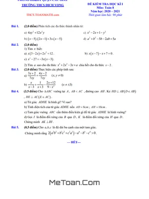 Đề thi học kì 1 Toán lớp 8 năm 2020 - 2021 trường THCS Dịch Vọng - Hà Nội