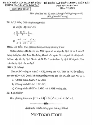 Đề thi giữa kì 2 Toán 8 năm 2020 - 2021 phòng GD&ĐT Hà Đông - Hà Nội