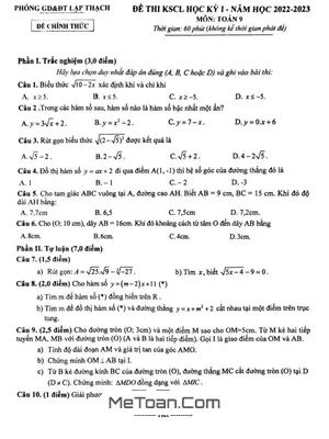Đề thi học kỳ 1 Toán 9 năm 2022 - 2023 phòng GD&ĐT Lập Thạch - Vĩnh Phúc