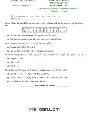 Đề thi giữa học kì 2 Toán 7 năm 2020 - 2021 trường THCS Lê Quý Đôn - TP HCM
