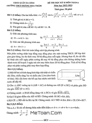 Đề thi học kỳ 2 Toán 8 năm 2022 - 2023 trường THCS Hoàng Hoa Thám - Hà Nội