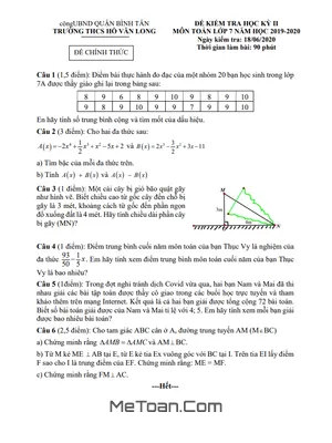 Đề thi HK2 Toán 7 năm 2019 - 2020 trường THCS Hồ Văn Long - TP HCM (có đáp án)