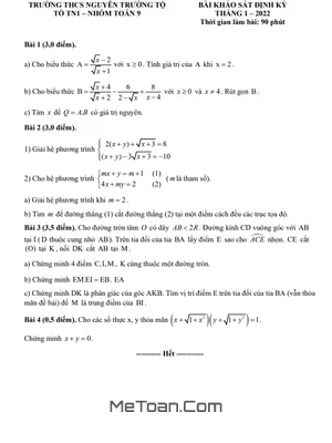 Đề khảo sát Toán 9 tháng 1 năm 2022 trường THCS Nguyễn Trường Tộ - Hà Nội