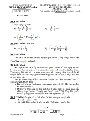 Đề thi HK2 Toán lớp 6 năm 2019 - 2020 trường THCS Nguyễn Văn Bá - TP HCM