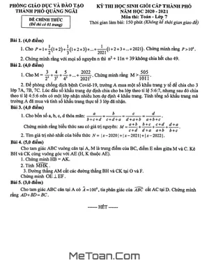 Đề thi học sinh giỏi Toán 7 năm 2020 - 2021 phòng GD&ĐT Quảng Ngãi