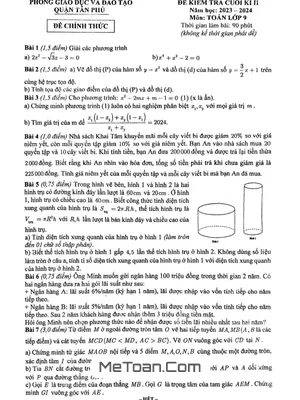 Đề cuối kì 2 Toán 9 năm 2023 – 2024 phòng GD&ĐT Tân Phú – TP HCM