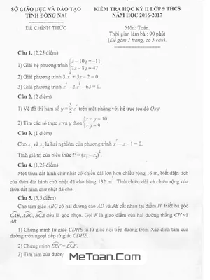 Đề thi học kì 2 Toán lớp 9 năm 2016 - 2017 Sở GD&ĐT Đồng Nai