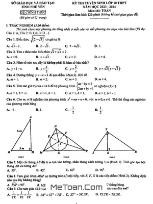 Đề thi tuyển sinh lớp 10 môn Toán năm 2023 - 2024 sở GD&ĐT Phú Yên