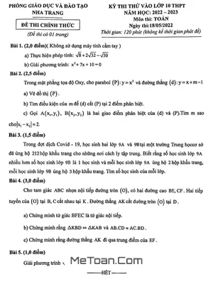 Đề thi thử Toán vào lớp 10 năm 2022 – 2023 phòng GD&ĐT Nha Trang – Khánh Hòa