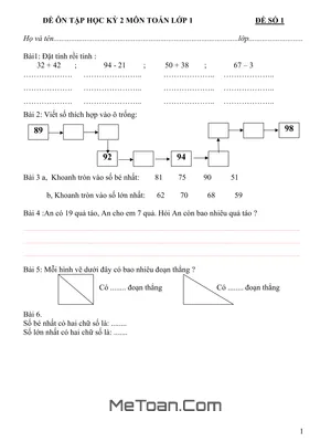 Bộ 20 Đề Ôn Tập Toán Học Kì 2 Môn Toán Lớp 1