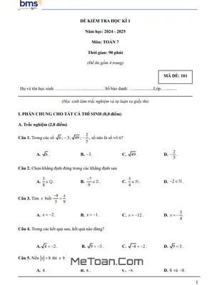 Tải Đề Thi Cuối Học Kì 1 Toán 7 Năm 2024 – 2025 Trường Ban Mai (Có Đáp Án)