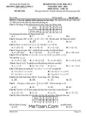 Đề thi Cuối Học Kỳ 1 Toán 10 Năm 2025 - 2026 Trường THPT Đô Lương 1 – Nghệ An