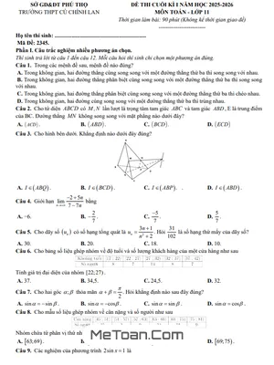 Đề thi Cuối Học kì 1 Toán 11 Năm học 2025 – 2026 Trường THPT Cù Chính Lan – Phú Thọ