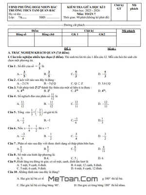 Đề thi giữa kì 1 môn Toán lớp 7 năm học 2025 – 2026 trường THCS Tam Quan Bắc – Gia Lai
