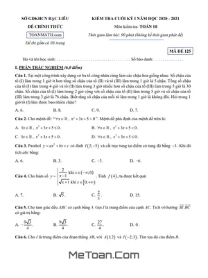 Đề kiểm tra cuối kỳ 1 Toán 10 năm 2020 – 2021 sở GD&ĐT Bạc Liêu