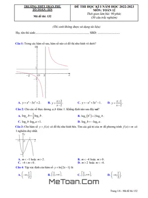 Đề thi học kì 1 Toán 12 năm 2022 – 2023 trường THPT Trần Phú – Phú Yên