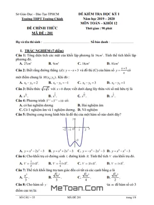 Đề thi học kỳ 1 Toán 12 năm 2019 - 2020 trường THPT Trường Chinh - TP HCM có đáp án