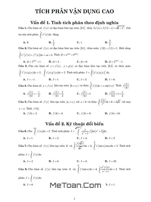 Bài Tập Trắc Nghiệm Tích Phân Và Ứng Dụng Vận Dụng Cao Lớp 12