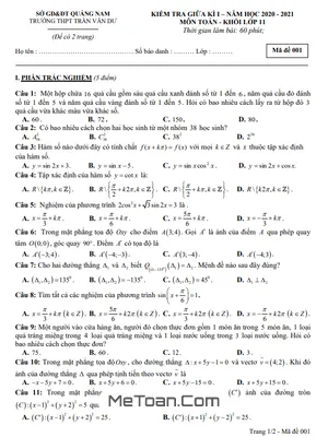 Đề thi giữa HK1 Toán 11 năm 2020 - 2021 trường THPT Trần Văn Dư - Quảng Nam