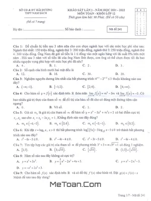 Đề khảo sát lần 1 Toán 12 năm 2021 - 2022 trường THPT Nam Sách - Hải Dương