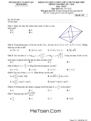 Đề KSCL Toán 12 THPT Sở GD&ĐT Thanh Hóa Năm Học 2017 - 2018