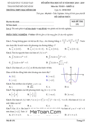 Đề thi học kỳ 2 Toán 12 năm 2018 - 2019 trường THPT Mạc Đĩnh Chi - TP HCM