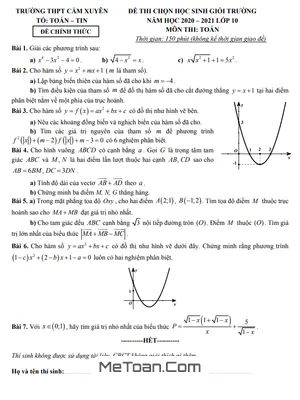 Đề thi HSG cấp trường Toán 10 năm 2020 - 2021 trường Cẩm Xuyên - Hà Tĩnh
