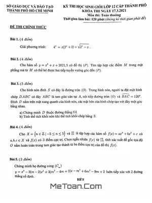 Đề thi học sinh giỏi Toán 12 năm 2020 - 2021 sở GD&ĐT TP. Hồ Chí Minh