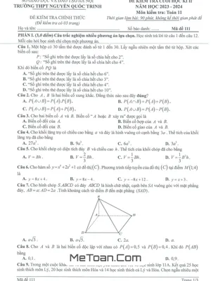 Đề Thi Cuối Kì 2 Môn Toán Lớp 11 Năm 2023 - 2024 Trường THPT Nguyễn Quốc Trinh - Hà Nội
