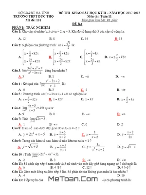 Đề thi học kỳ 2 Toán 11 năm 2017 - 2018 trường THPT Đức Thọ - Hà Tĩnh (có đáp án)