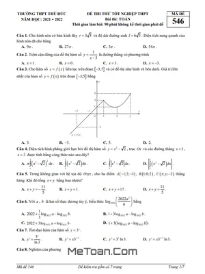 Đề thi thử tốt nghiệp THPT 2022 môn Toán trường THPT Thủ Đức - TP HCM (Mã đề 546)