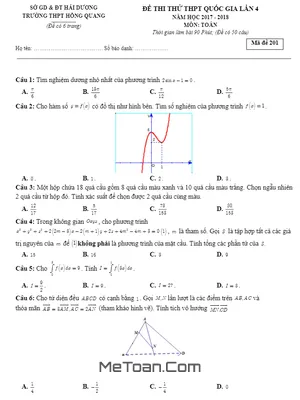 Đề Thi Thử Toán THPT Quốc Gia 2018 Trường THPT Hồng Quang - Hải Dương Lần 4