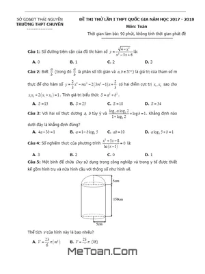 Đề thi thử Toán THPT Quốc gia 2018 trường Chuyên Thái Nguyên - Lần 1 (có đáp án)