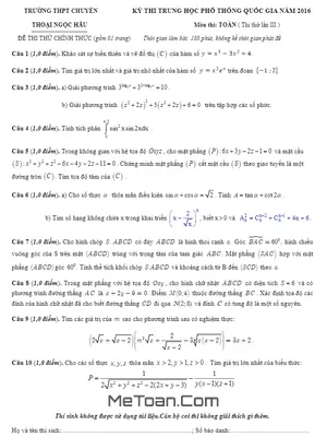 Đề thi thử THPT Quốc gia 2016 môn Toán trường chuyên Thoại Ngọc Hầu lần 3