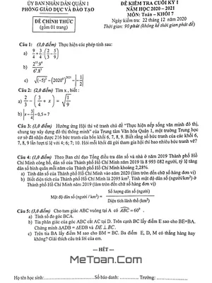 Đề thi cuối kỳ 1 Toán lớp 7 năm 2020 - 2021 phòng GD&ĐT Quận 1 - TP HCM