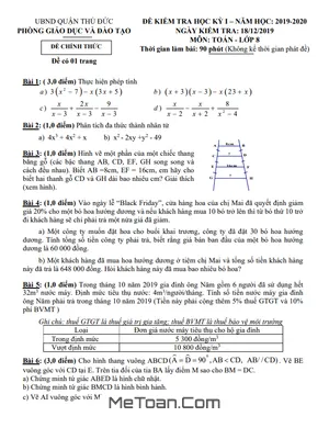 Đề thi học kỳ 1 Toán 8 năm 2019 - 2020 phòng GD&ĐT Thủ Đức - TP HCM