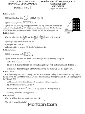 Đề thi học kỳ 1 Toán 9 năm 2022 - 2023 phòng GD&ĐT Hai Bà Trưng - Hà Nội