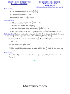 Đề kiểm tra giữa kì 2 môn Toán lớp 7 năm 2017 - 2018 trường chuyên Hà Nội - Amsterdam