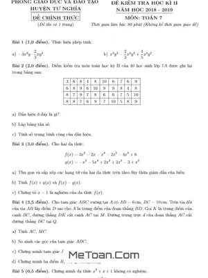 Đề thi HK2 Toán 7 năm 2018 - 2019 phòng GD&ĐT Tư Nghĩa - Quảng Ngãi