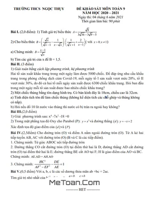 Đề khảo sát Toán 9 năm 2020-2021 trường THCS Ngọc Thụy - Hà Nội (có đáp án)