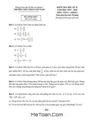 Đề thi HK2 Toán 6 năm 2019 - 2020 trường THCS Phan Sào Nam - TP HCM