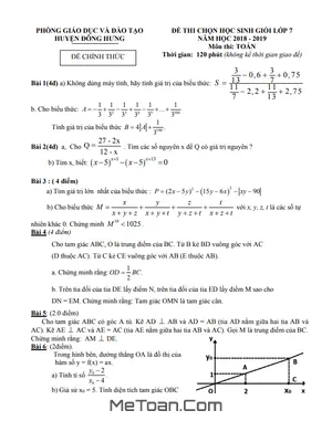 Đề thi HSG Toán 7 năm 2018 - 2019 phòng GD&ĐT Đông Hưng - Thái Bình (có đáp án)