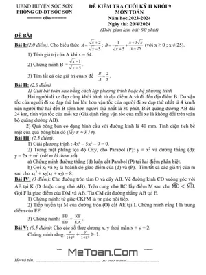 Đề thi Cuối Kỳ 2 Toán 9 năm 2023 - 2024 phòng GD&ĐT Sóc Sơn - Hà Nội