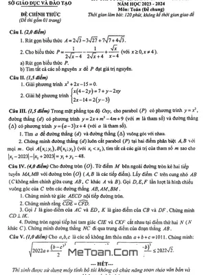 Đề thi tuyển sinh lớp 10 chuyên Toán (chung) năm 2023 - 2024 sở GD&ĐT Hà Nam