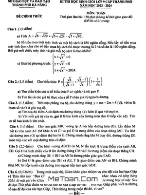Đề thi học sinh giỏi Toán 9 cấp thành phố Đà Nẵng năm 2023 - 2024