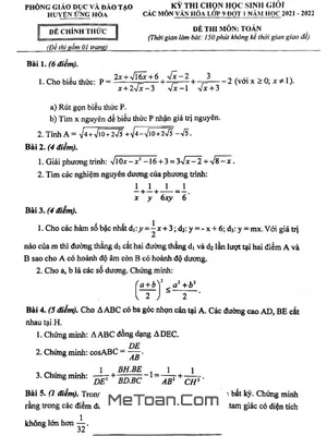 Đề chọn HSG Toán 9 đợt 1 năm 2021 - 2022 phòng GD&ĐT Ứng Hòa - Hà Nội