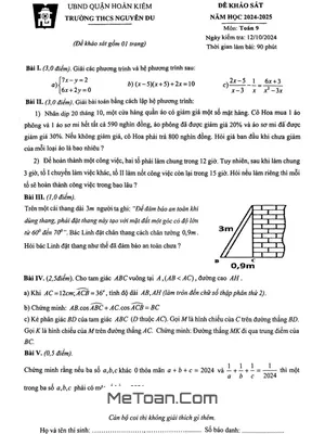Đề khảo sát Toán 9 năm 2024 - 2025 trường THCS Nguyễn Du - Hà Nội