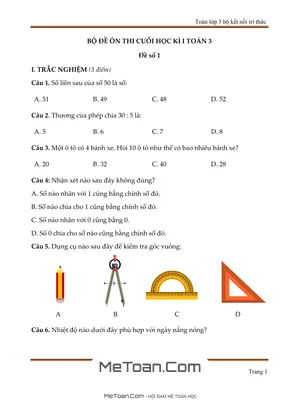 Bộ 10 Đề Thi Cuối Học Kì 1 Môn Toán Lớp 3 (Kết Nối Tri Thức)