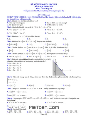 Đề kiểm tra giữa học kì 1 Toán 10 năm 2024 - 2025 sở GD&ĐT Bắc Ninh